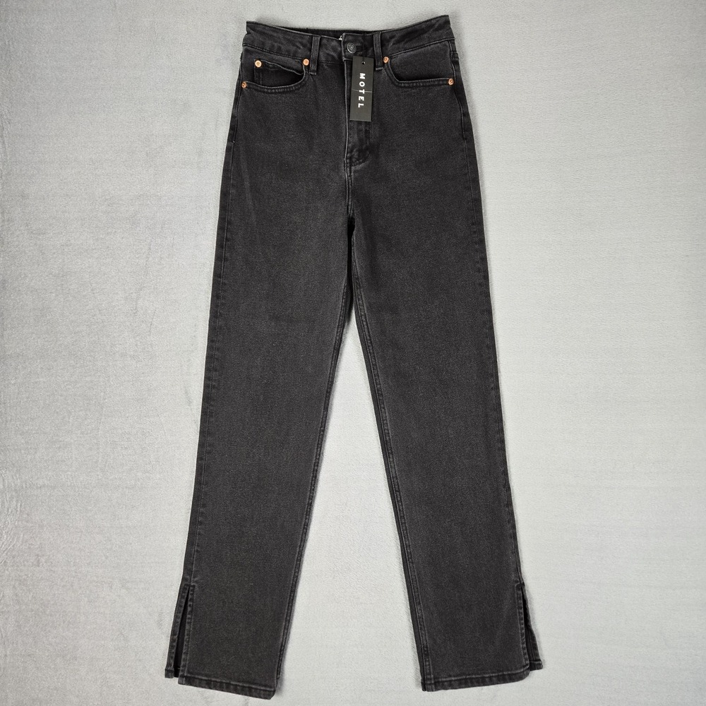 Motel‎ Denim Straight Leg Jeans Womens Small Black Wash High Rise Ankle Slit NWT